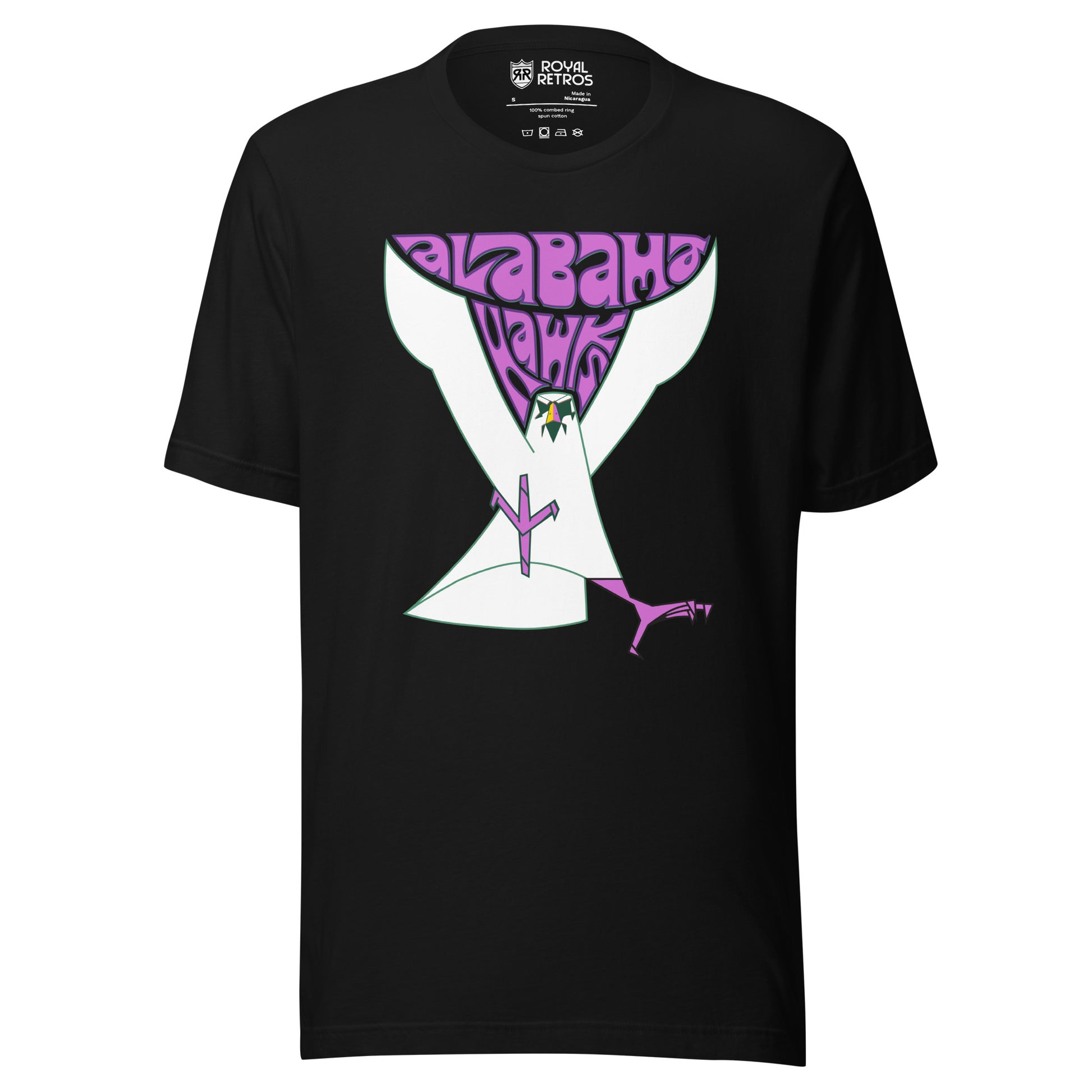 Alabama Hawks football T-shirt. Black. Alabama in 70s-style font, purple with Hawks below, nestled between the wings of a large simplified Hawk coming at viewer with purple talons. Royal Retros