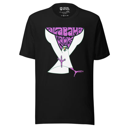 Alabama Hawks football T-shirt. Black. Alabama in 70s-style font, purple with Hawks below, nestled between the wings of a large simplified Hawk coming at viewer with purple talons. Royal Retros