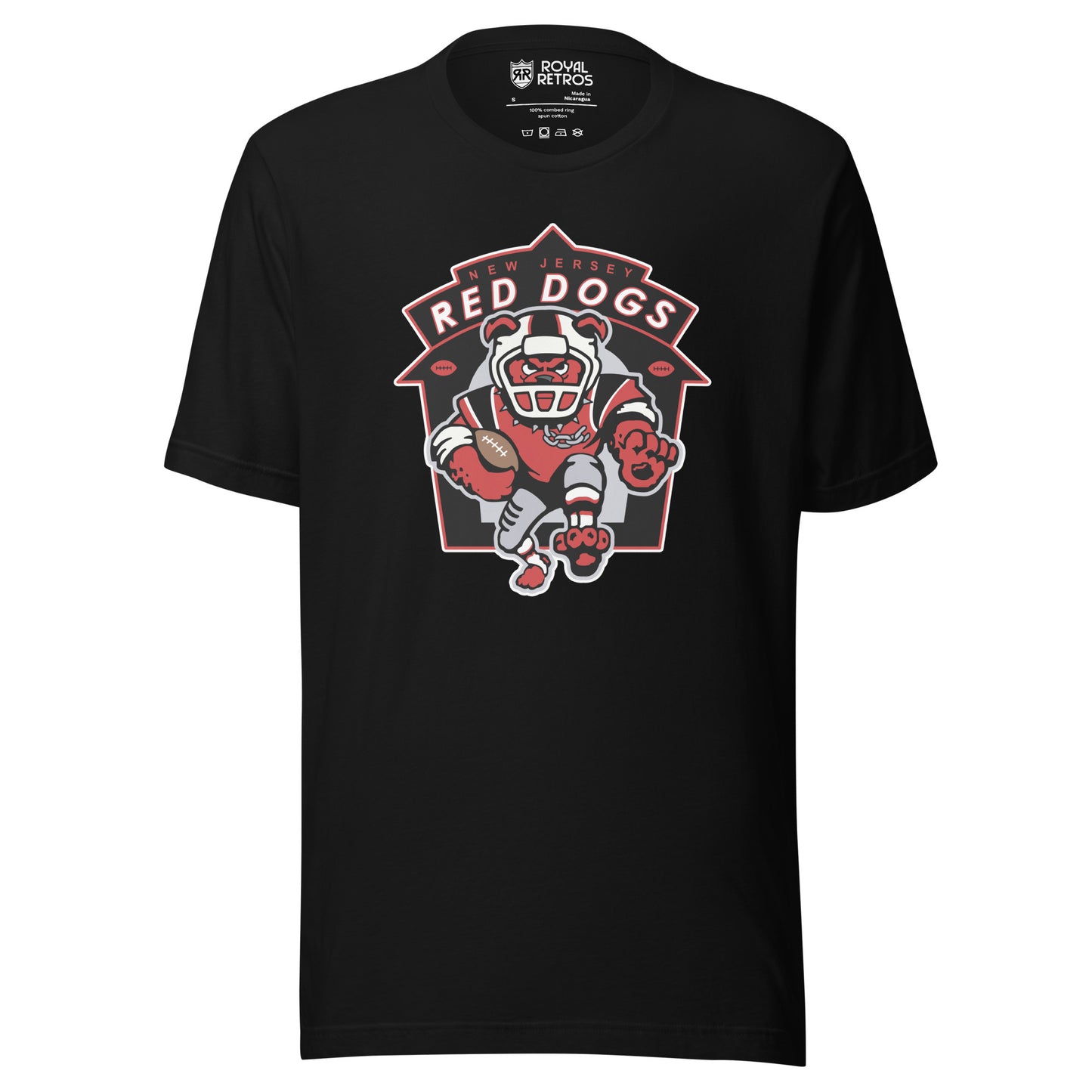 New Jersey Red Dogs Arena Football League T-shirt. Black. Shield outline in red and white. Inside, New Jersey small in red. RED DOGS in white larger below. Dog in football helmet running  toward viewer carrying football. Royal Retros