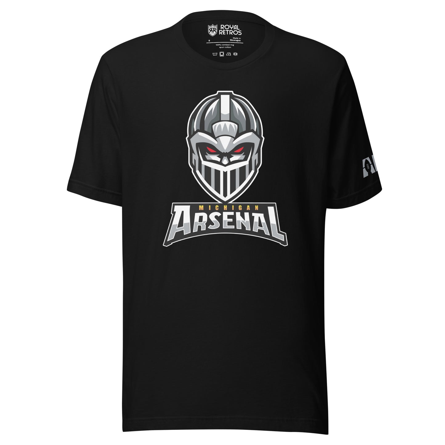 Michigan Arsenal T-shirt. Black. Knights helmet facing viewer. Michigan small in yellow above Arsenal in silver below. Royal Retros
