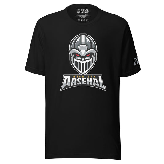 Michigan Arsenal T-shirt. Black. Knights helmet facing viewer. Michigan small in yellow above Arsenal in silver below. Royal Retros