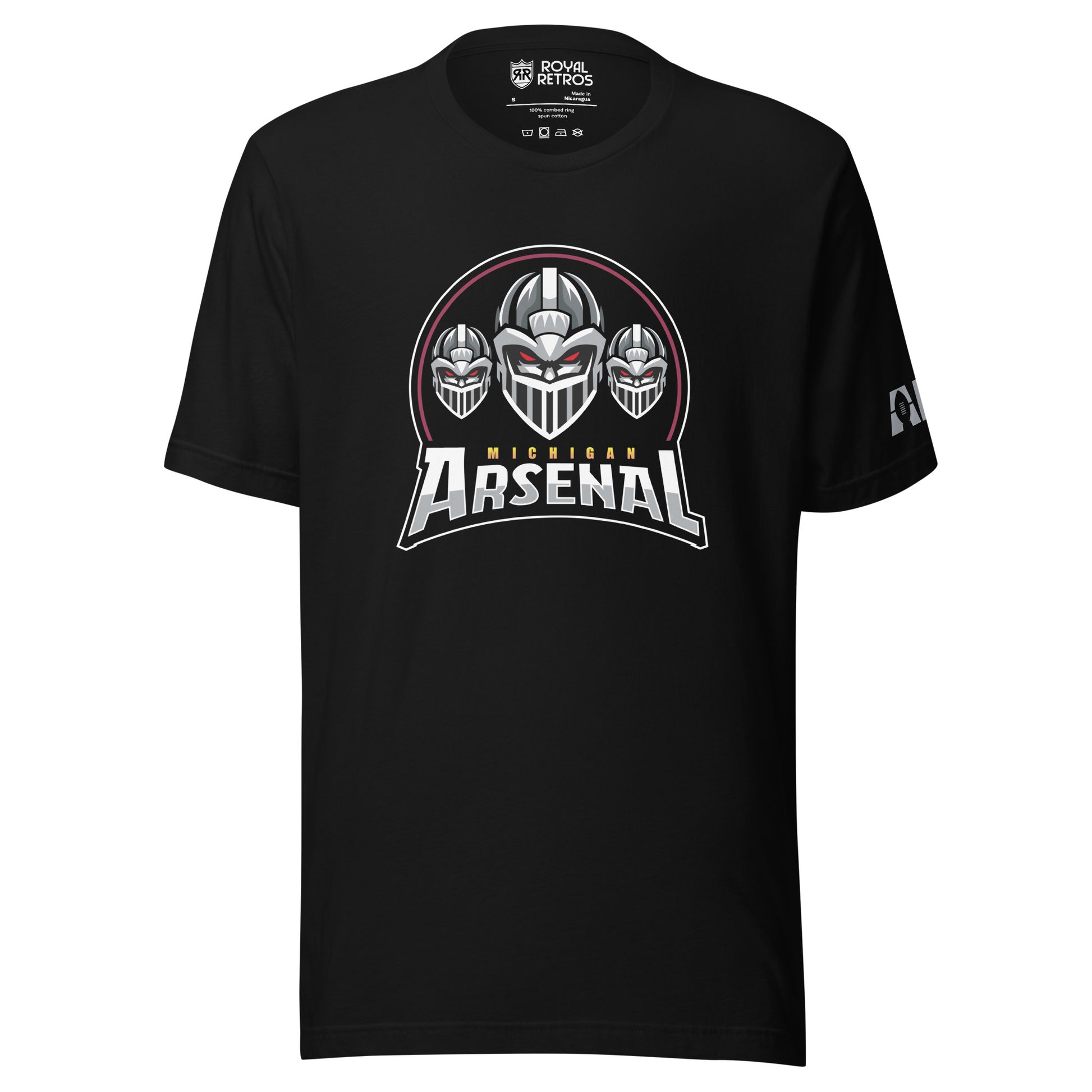 Michigan Arsenal Alternate T-shirt. Black. Three Knights helmets facing viewer. Michigan small in yellow above Arsenal in silver below. Royal Retros