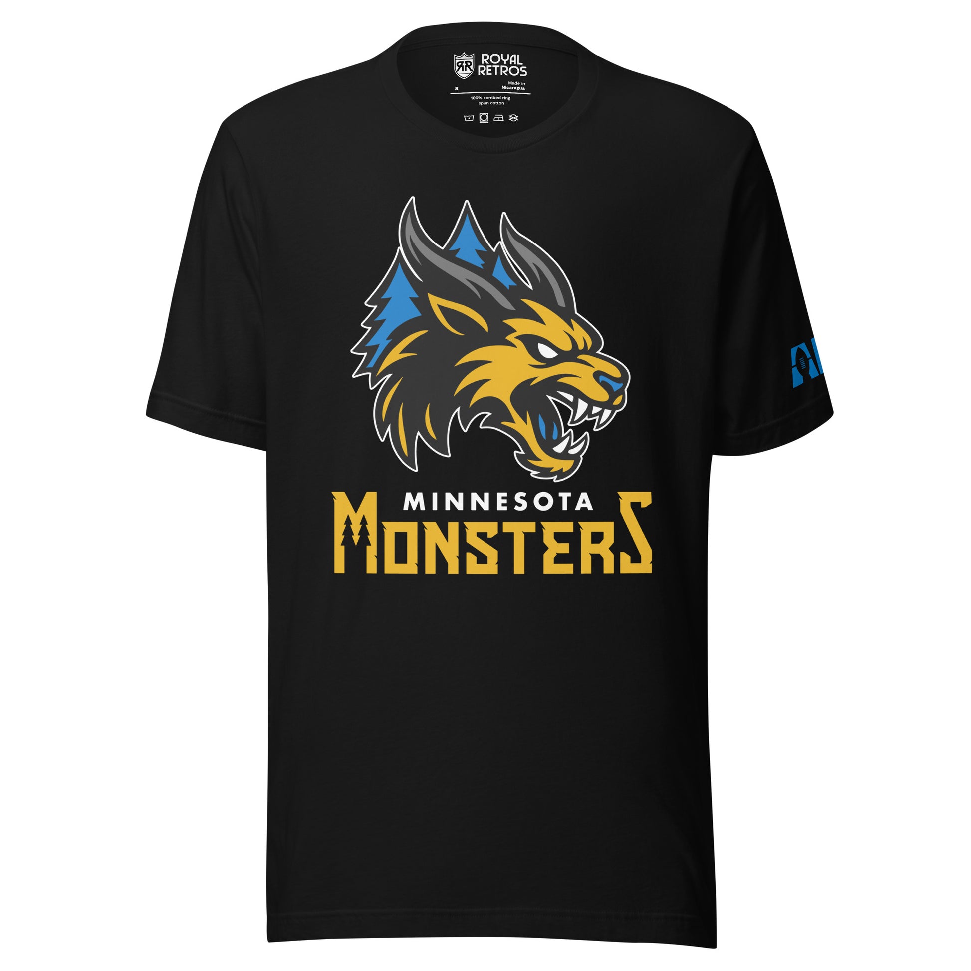 Minnesota Monsters AF1 arena football T-shirt. Black. Gold, black, and gray monster head over blue pine trees. Minnesota small in white below, Monsters below larger in gold. Royal Retros.