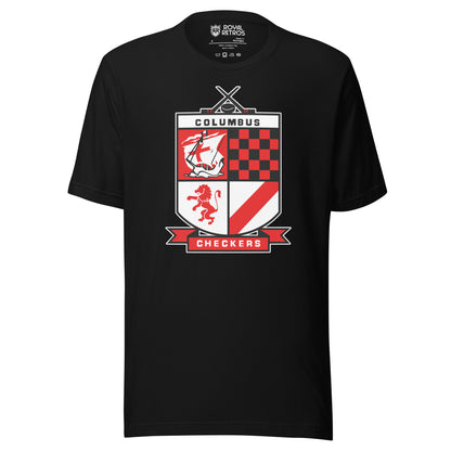 Columbus Checkers hockey T-shirt. Black. Shield with fur quadrants. Two crossed black hockey sticks above with puck between blades. In shield, Columbus above, ship in top left, red and white checkerboard top right, horse in red below left, red diagonal stripe over white in bottom right. Checkers below shield in white over red ribbon banner. Royal Retros
