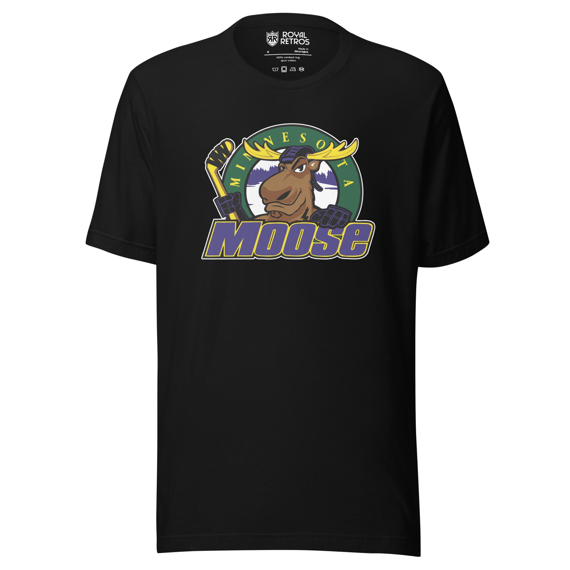 Minnesota Moose hockey T-shirt. Black. Moose logo of moose holding hockey stick over green circle with yellow Minnesota and MOOSE in purple with yellow trim across and over bottom of circle. Royal Retros