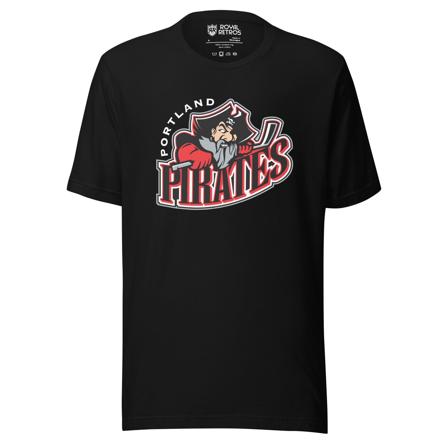 Portland Pirates hockey T-shirt. Black. Portland arched in white to the left. Cartoon pirate from the shoulders up, holding hockey stick over PIRATES in black with red and white trim. Royal Retros. 