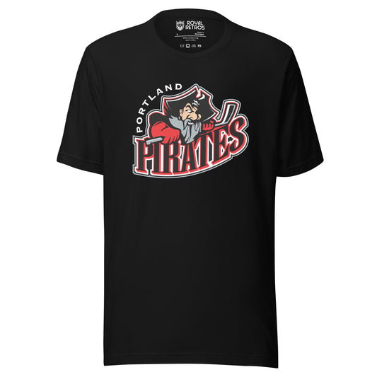 Portland Pirates hockey T-shirt. Black. Portland arched in white to the left. Cartoon pirate from the shoulders up, holding hockey stick over PIRATES in black with red and white trim. Royal Retros. 