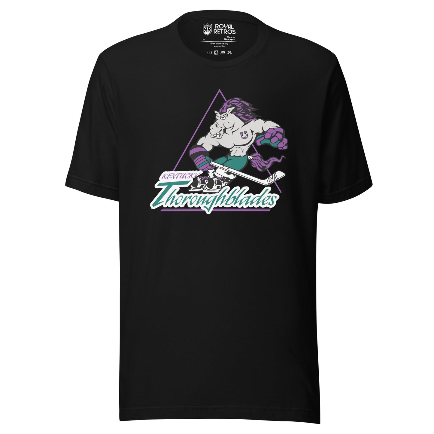 Kentucky Thoroughblades hockey T-shirt black. Cartoon horse, gray with purple mane and tail, holding hockey stick. Kentucky small Thoroughblades. Royal Retros