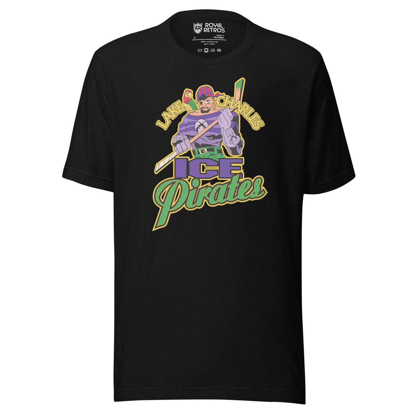 Lake Charles Ice Pirates hockey T-shirt. Black. Lake in gold to left of pirate's head, Charles to the right. Pirate is holding a hockey stick. Below is ICE in purple, with Pirates in green below that. Royal Retros