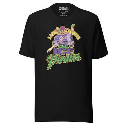 Lake Charles Ice Pirates hockey T-shirt. Black. Lake in gold to left of pirate's head, Charles to the right. Pirate is holding a hockey stick. Below is ICE in purple, with Pirates in green below that. Royal Retros
