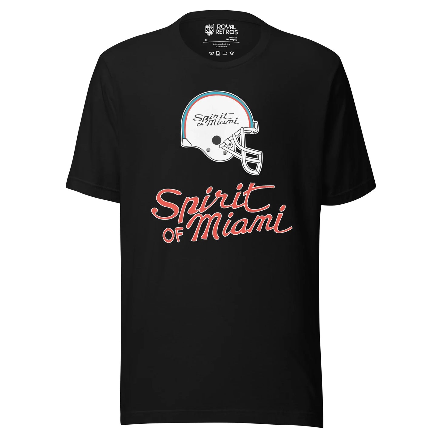 Spirit of Miami football T-shirt. Black. Logo is white helmet in profile with blue and orange stripes. "Spirt of Miami" in orange script inside helmet and larger below. 