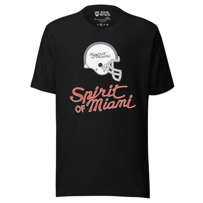 Spirit of Miami football T-shirt. Black. Logo is white helmet in profile with blue and orange stripes. "Spirt of Miami" in orange script inside helmet and larger below. 
