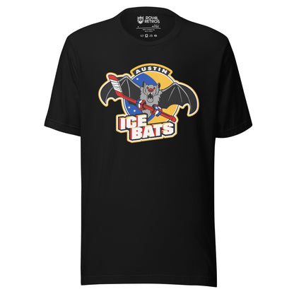 Austin Ice Bats T-shirt. Black. AUSTIN small in white above bat holding a red hockey stick above large white ICE BATS with red trim. Royal Retros