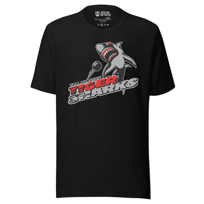 Tallahassee Tiger Sharks hockey T-shirt. Black. Logo is a shark swimming toward viewer with Tallahassee small in black with white trim above Tiger  in red and Sharks in silver. Royal Retros