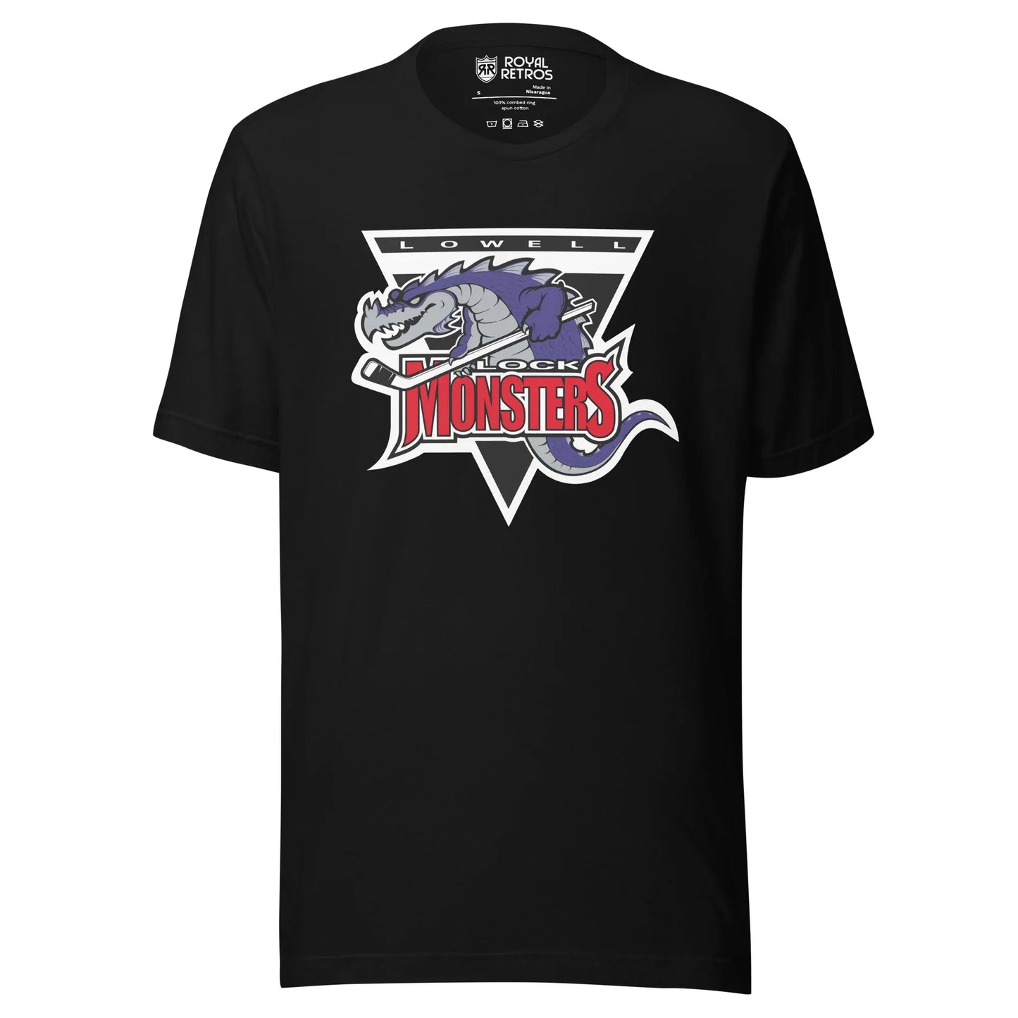 Lowell Lock Monsters T-shirt black. Logo is an upside down triangle, Lowell in white with black background at top. Purple and great dragon with hockey stick over MONSTERS in red. Royal Retros. 