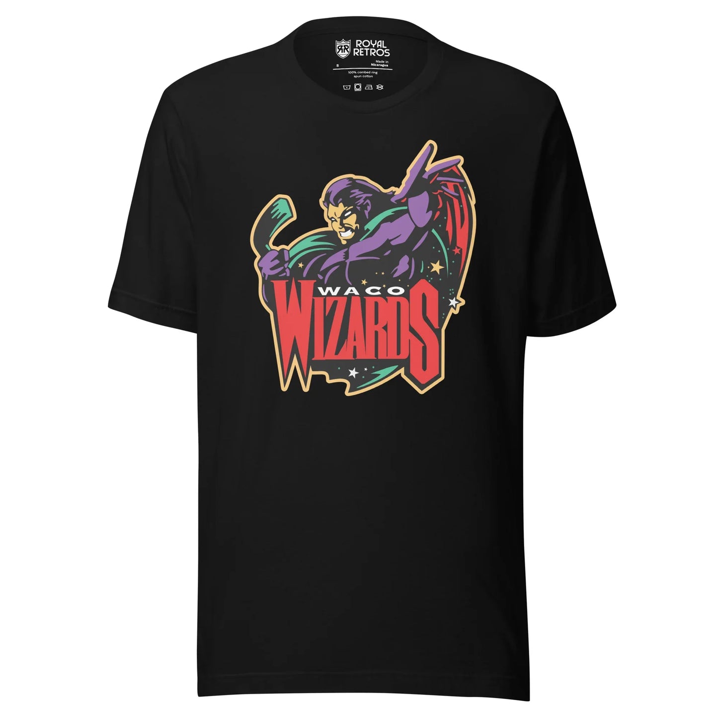 Waco Wizards T-shirt. Black.  Logo is a purple wizard holding a hockey stick. Waco small in white above WIZARDS in red, Royal Retros