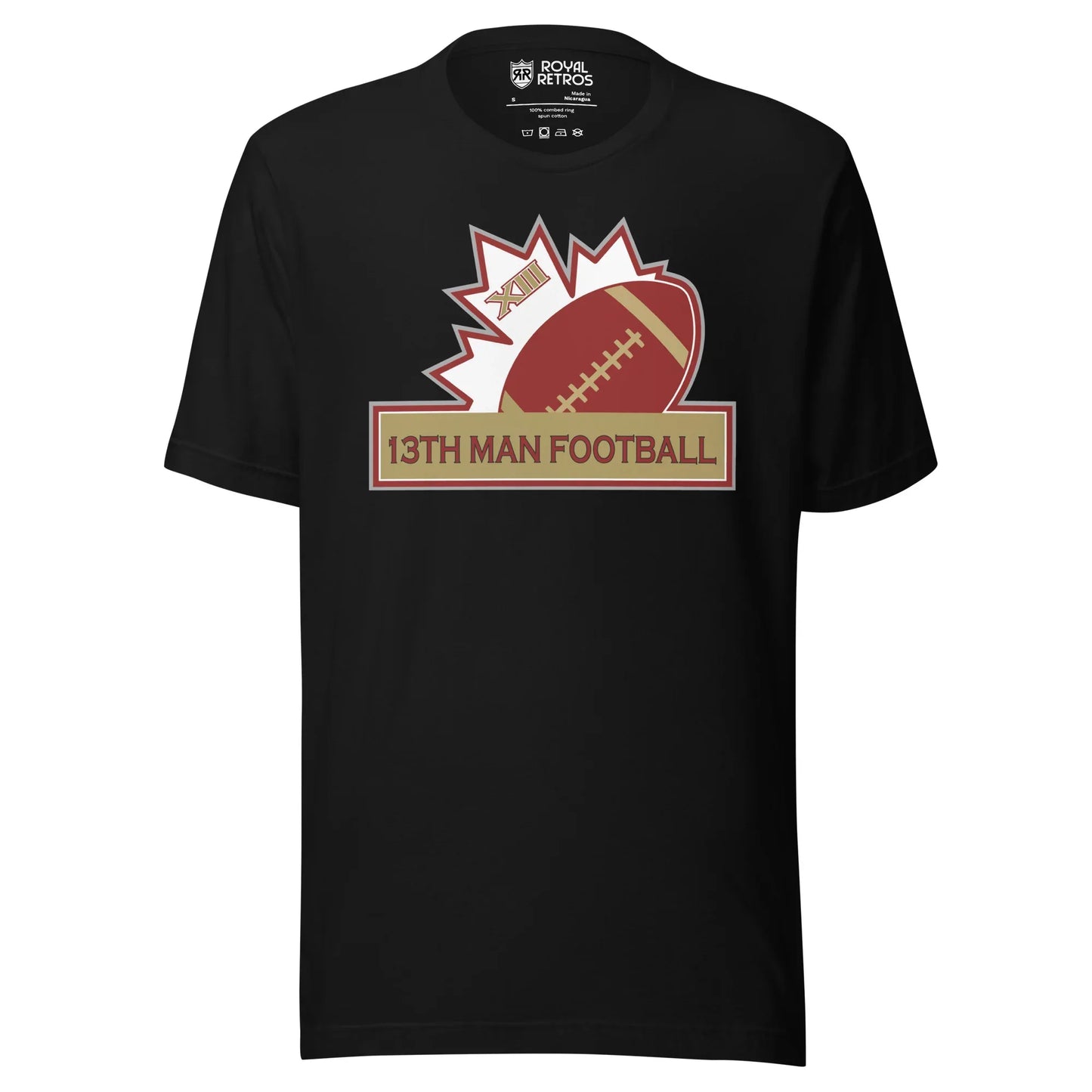 13th Man football T-shirt. Black. Top of white maple leaf tilted left. Football leaning right. Gold box below with red trim with 13th Man Football in red inside. Royal Retros