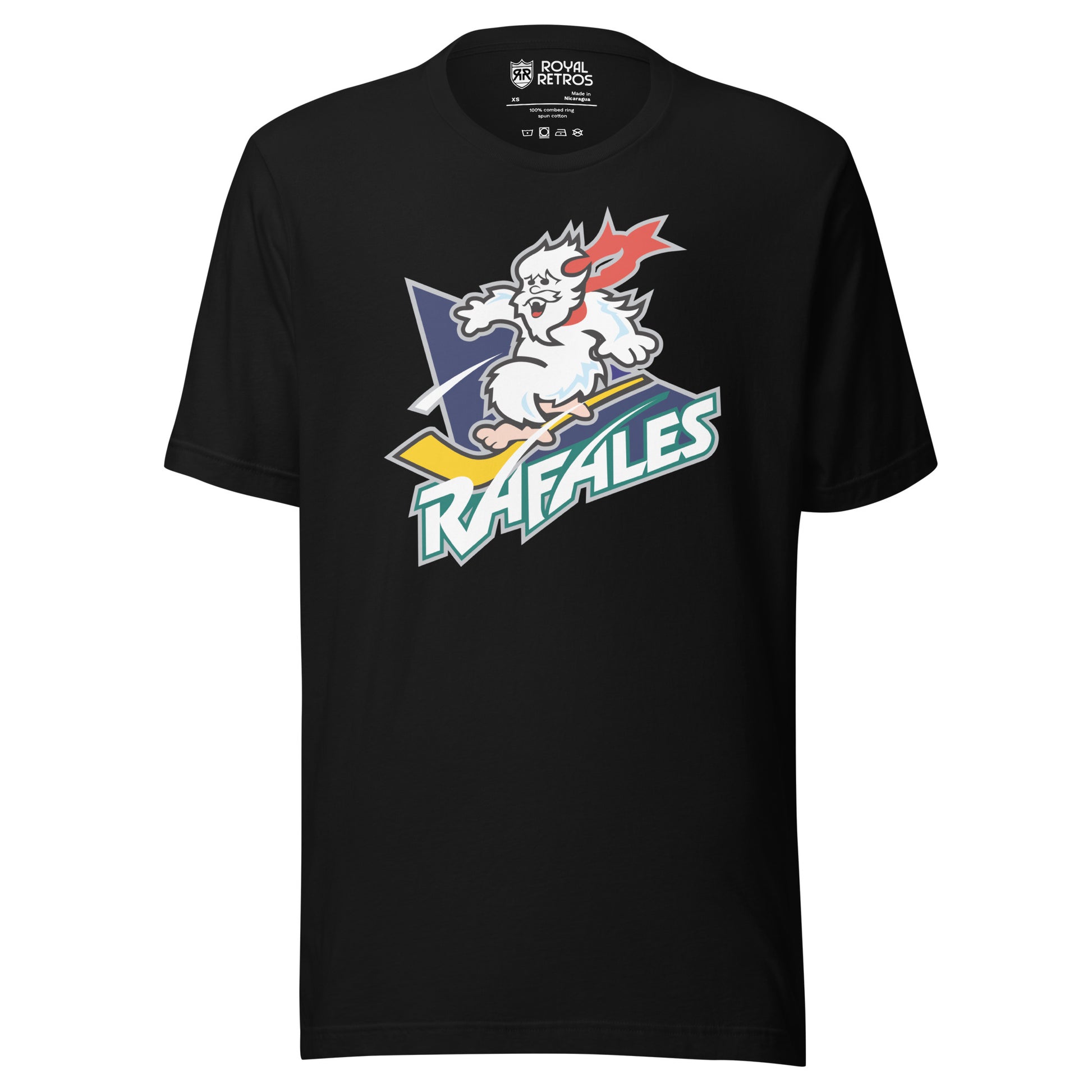 Quebec Rafales hockey T-shirt. Black. White Yeti riding a yellow hockey stick over a purple triangle. RAFALES angled in white with blue trim below. Royal Retros.