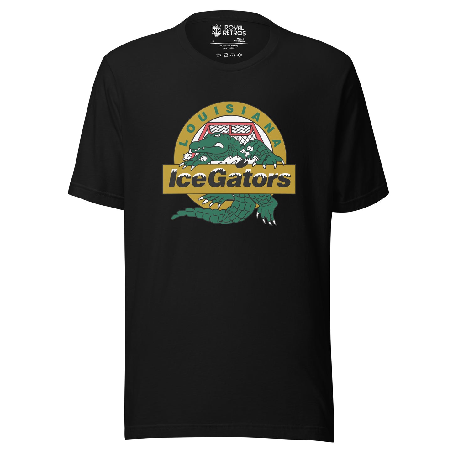 Louisiana IceGators black t-shirt. Green alligator crest on a gold circle at the center chest, LOUISIANA arced above, IceGators across a gold banner. Royal Retros