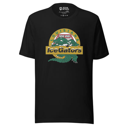 Louisiana IceGators black t-shirt. Green alligator crest on a gold circle at the center chest, LOUISIANA arced above, IceGators across a gold banner. Royal Retros
