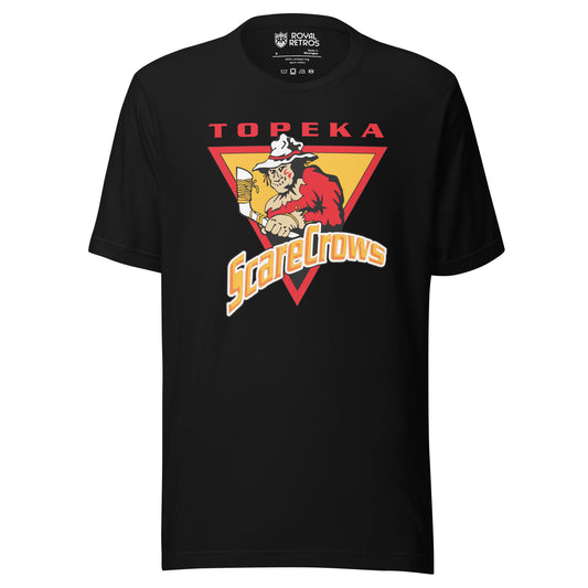Topeka Scarecrows t-shirt in black — scarecrow with a hockey stick inside a gold triangle, TOPEKA arched above in red, ScareCrows script below. Royal Retros