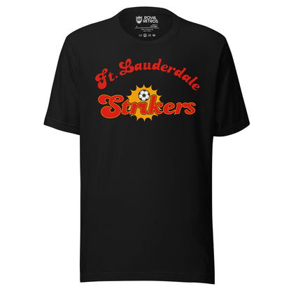 Fort Lauderdale Strikers T-shirt. Black. Red Ft. Lauderdale script arched over Strikers with a soccer ball in a yellow sunburst. Royal Retros