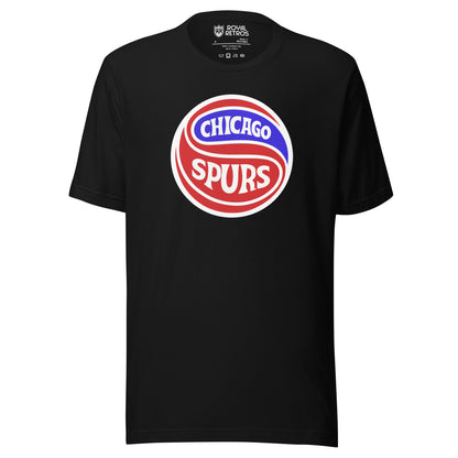 Chicago Spurs T-Shirt in black, front view, red and blue round crest with Chicago Spurs lettering Royal Retros