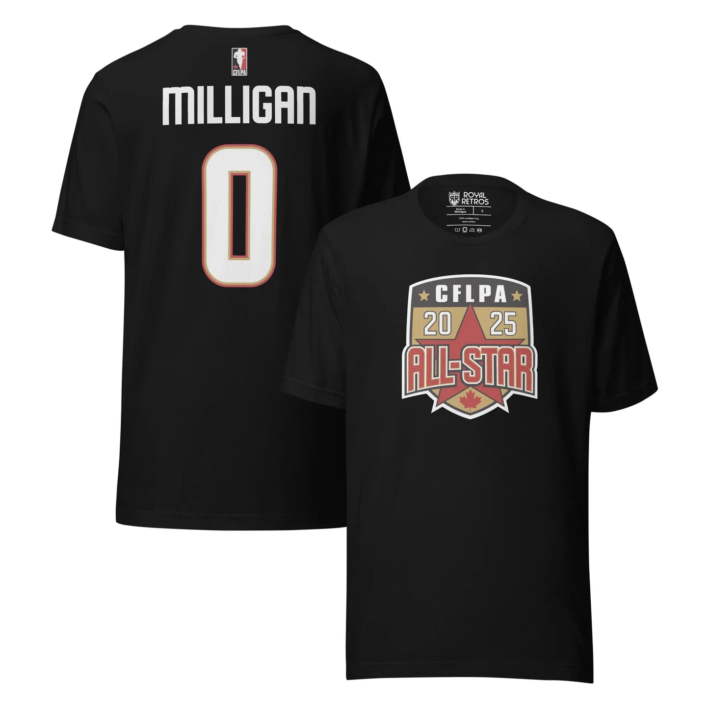 2025 CFLPA All Star Player T-Shirt. Black. Back upper right. Name in large letters across top of back in white. Large white numerals with red trim, below. Front, lower right. Shield with white trim. Inside is CFLPA in white over black with two gold stars on either side. Large star on gold background in shield below, with 20 in white on one side of point, 25 on right. ALL-STAR in red with white and black trim across bottom part of shield, red maple leaft at bottom of shield. Royal Retros
