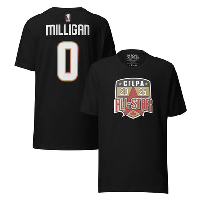 2025 CFLPA All Star Player T-Shirt. Black. Back upper right. Name in large letters across top of back in white. Large white numerals with red trim, below. Front, lower right. Shield with white trim. Inside is CFLPA in white over black with two gold stars on either side. Large star on gold background in shield below, with 20 in white on one side of point, 25 on right. ALL-STAR in red with white and black trim across bottom part of shield, red maple leaft at bottom of shield. Royal Retros