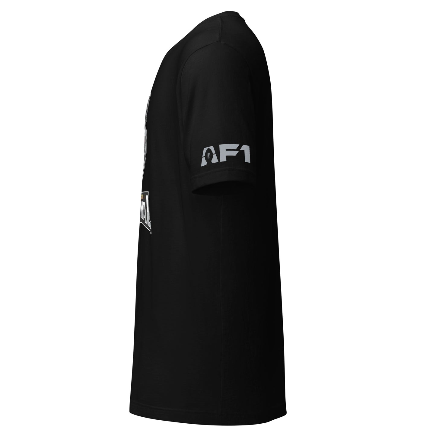 Michigan Arsenal T-shirt. Black. Side view with AF1 logo on sleeve.  Royal Retros