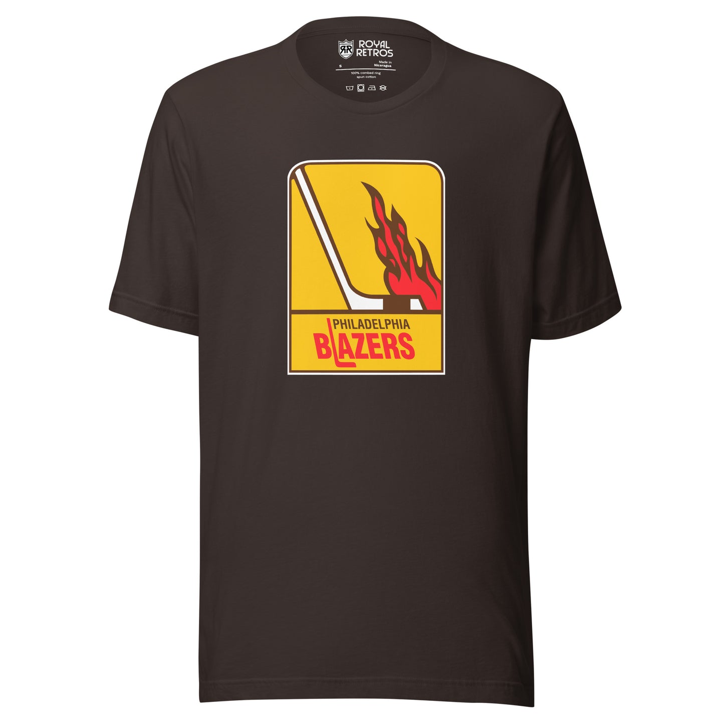 Philadelphia Blazers WHA T-shirt. Black. Logo is vertical gold rectangle. Hockey stick in white facing right. Flames above the blade. Philadelphia in black small above Blazers larger in red. L is a hockey stick Royal Retros