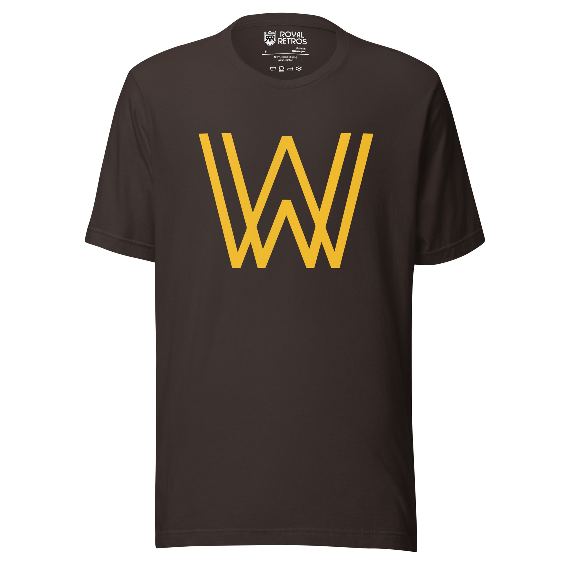 Walla Walla Padres T-shirt. Brown. Interlocking gold W over W large on chest.  Royal Retros