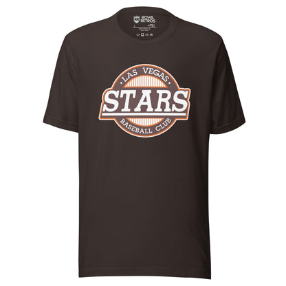 Las Vegas Stars baseball T-shirt black. White circle with orange trim, Stars in white underlined across middle. Las Vegas in white inside top of circle, Baseball Club in white below inside circle. Royal Retros. 