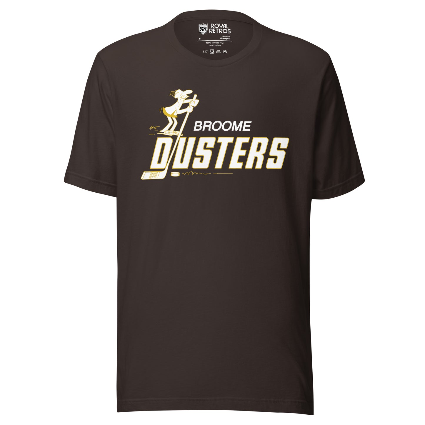 Broome Dusters hockey T-shirt. Black. Caveman standing on D in Dusters, white, holding a large hockey stick. Broome small in white above. Royal Retros. 