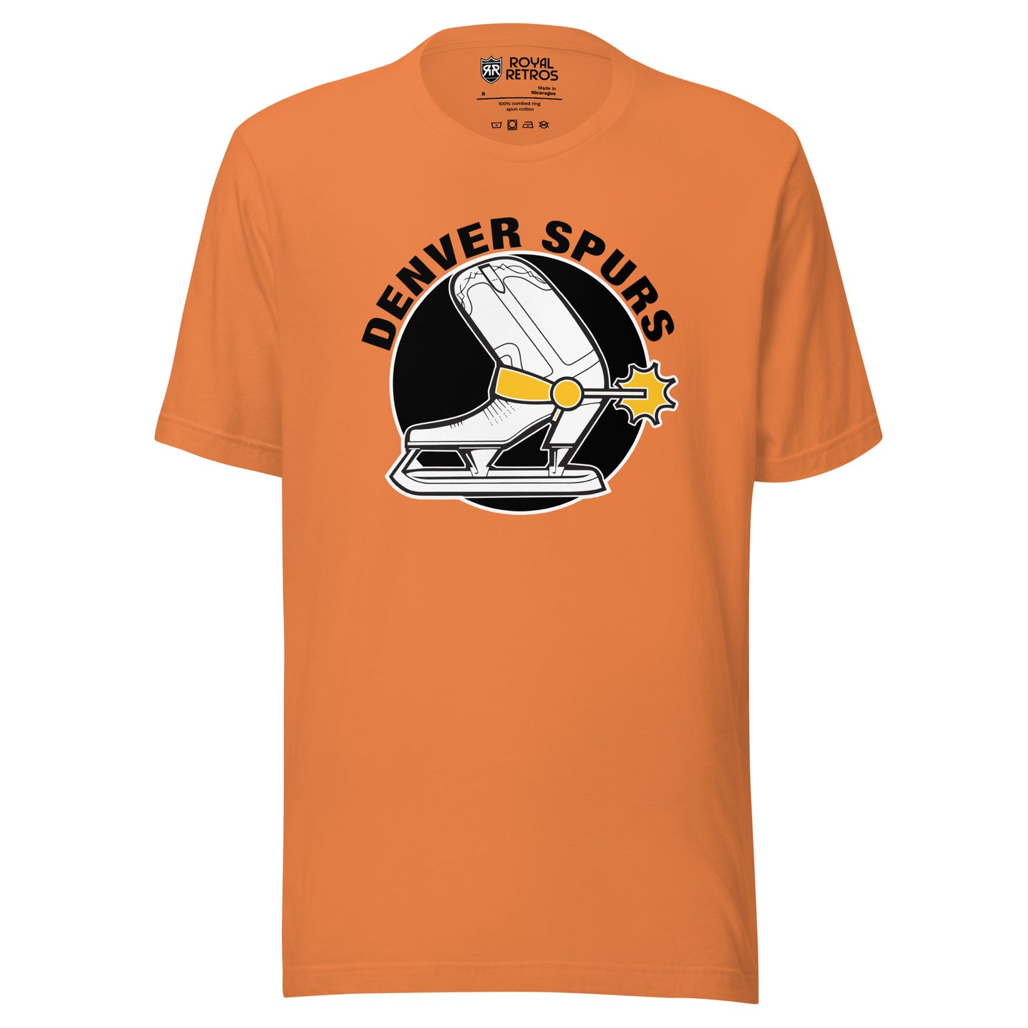 Denver Spurs WHA T-shirt. Light Orange. Denver Spurs in black arched over black circle. White cowboy boot facing left, coming slightly out of circle. Skate underneath. Gold buckle and spur on boot/skate. Royal Retros