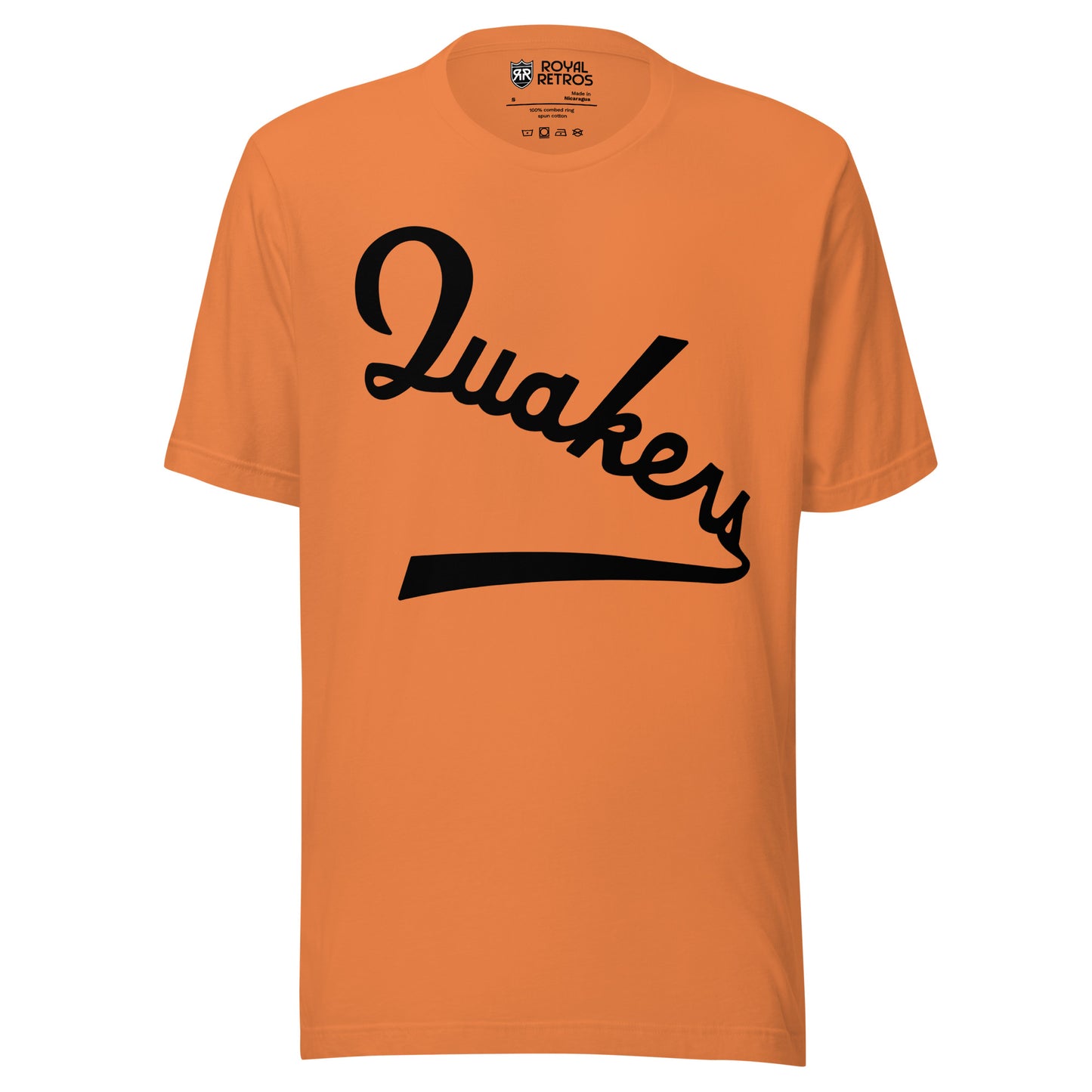 Philadelphia Quakers hockey T-shirt. Orange. Quakers in black script diagonal down left to right, with tail coming off S. Royal Retros