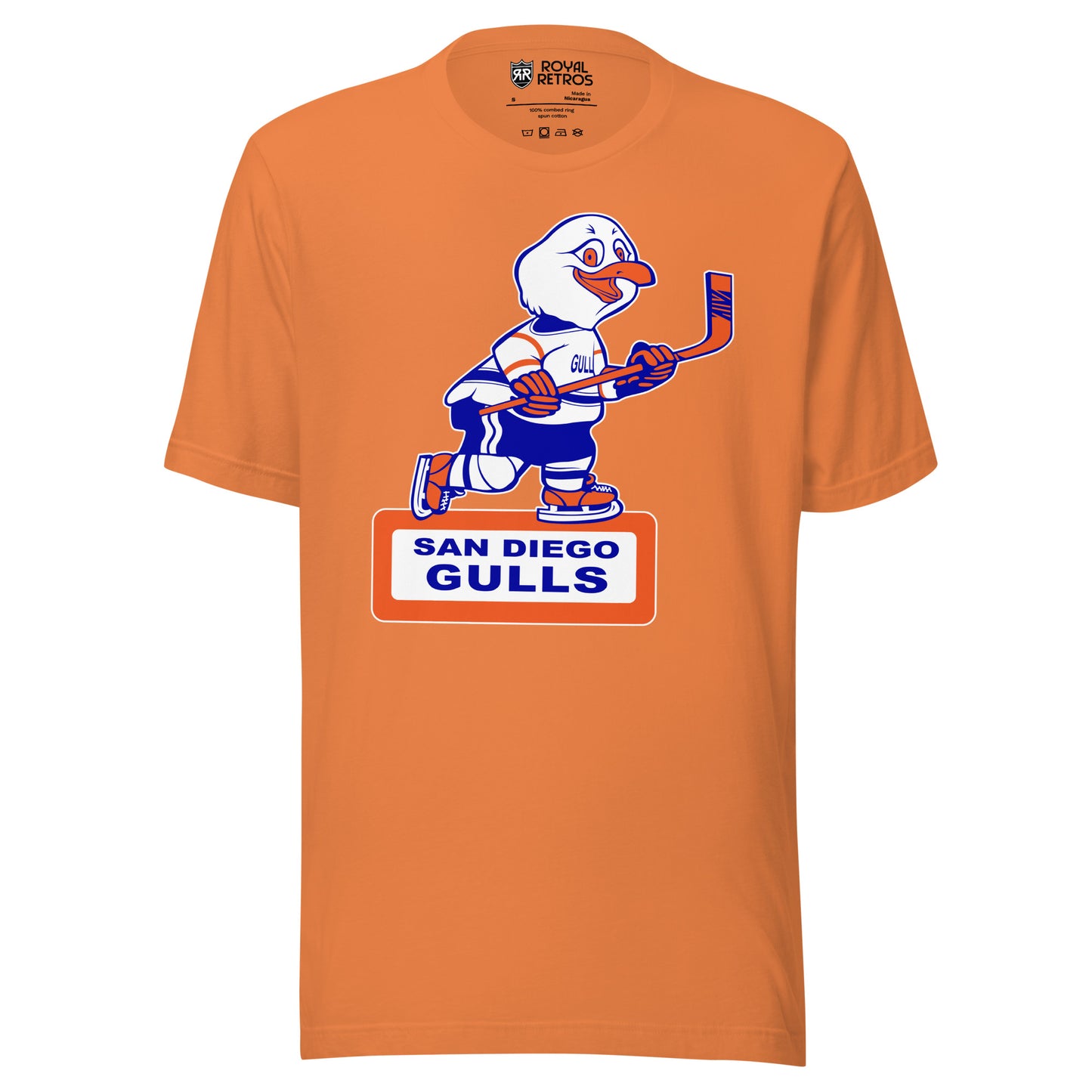 San Diego Gulls T-shirt. Orange. Animated Gull, white with blue and orange trim, skating and holding a hockey stick. Orange box underneath with white background. San Diego in blue above Gulls larger in rectangle. Royal Retros