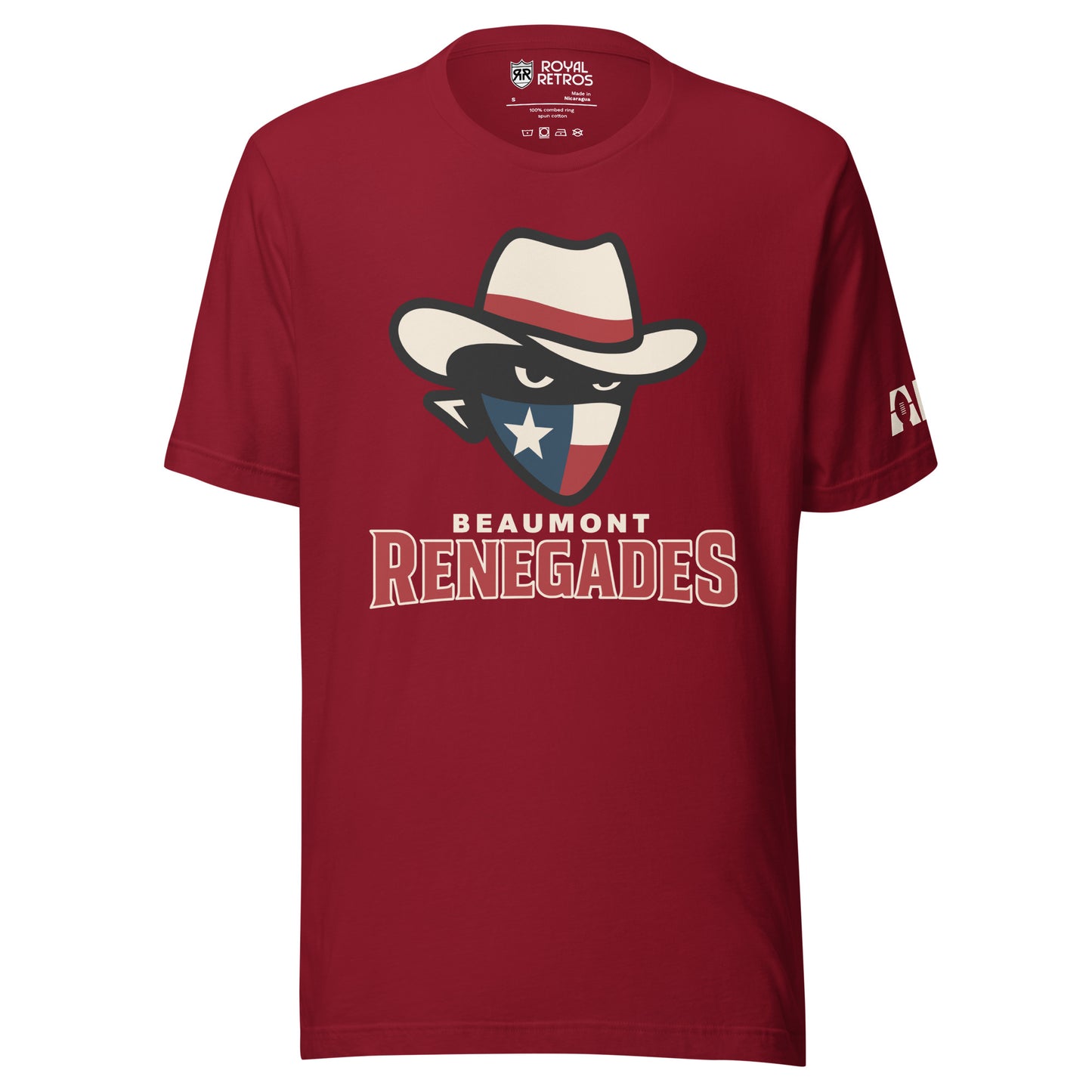 Beaumont Renegades T-shirt. Cardinal red. Bandit face with white cowboy hat with red band. Dark face with white eyes. Bandana of Texas flag, white star on blue field on left, white and red band on right. Beaumont on white below small above Renegades large in red with white outline. Royal Retros.