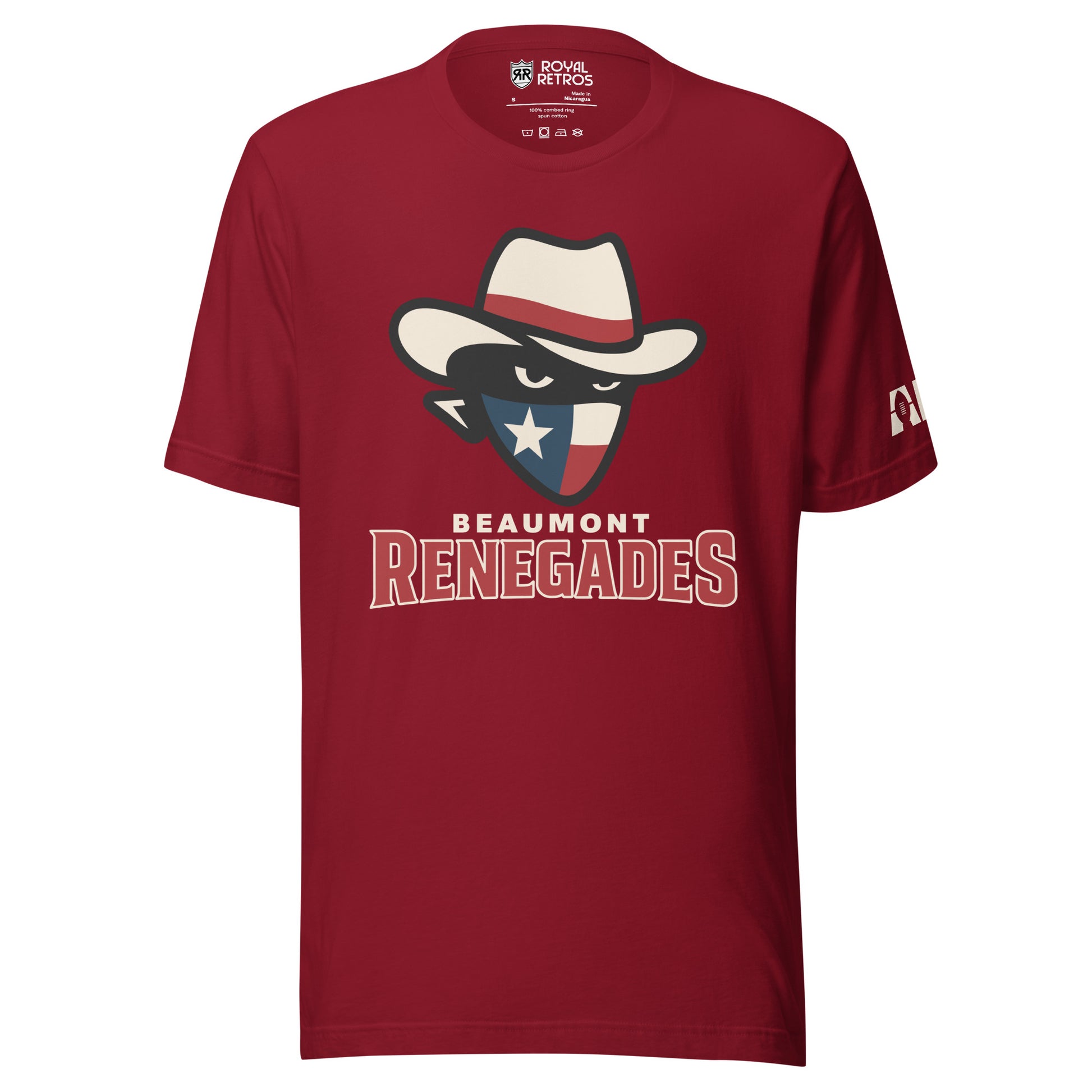 Beaumont Renegades T-shirt. Cardinal red. Bandit face with white cowboy hat with red band. Dark face with white eyes. Bandana of Texas flag, white star on blue field on left, white and red band on right. Beaumont on white below small above Renegades large in red with white outline. Royal Retros.