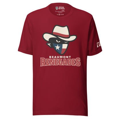 Beaumont Renegades T-shirt. Cardinal red. Bandit face with white cowboy hat with red band. Dark face with white eyes. Bandana of Texas flag, white star on blue field on left, white and red band on right. Beaumont on white below small above Renegades large in red with white outline. Royal Retros.