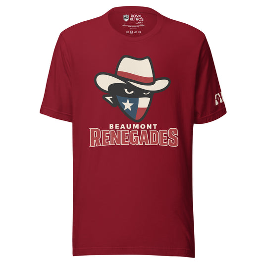 Beaumont Renegades T-shirt. Cardinal red. Bandit face with white cowboy hat with red band. Dark face with white eyes. Bandana of Texas flag, white star on blue field on left, white and red band on right. Beaumont on white below small above Renegades large in red with white outline. Royal Retros.