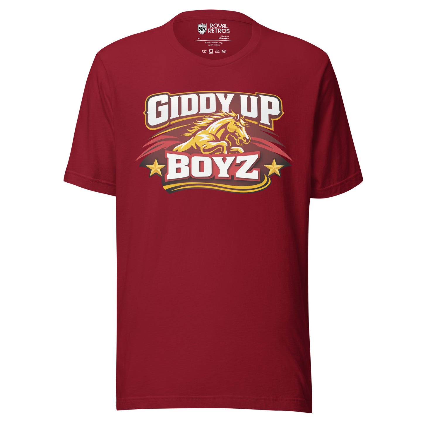 Product mockuBirmingham Stallions UFL Giddy Up Boyz supporters T-shirt. Cardinal Red. Red oval-like shape with jagged sides on Horses head in gold bellow Giddy Up in white with red shadow. Boyz in white with red shadow blow and gold stars on either side.Royal Retros.
