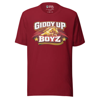 Product mockuBirmingham Stallions UFL Giddy Up Boyz supporters T-shirt. Cardinal Red. Red oval-like shape with jagged sides on Horses head in gold bellow Giddy Up in white with red shadow. Boyz in white with red shadow blow and gold stars on either side.Royal Retros.