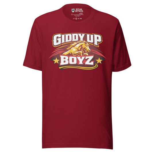Product mockuBirmingham Stallions UFL Giddy Up Boyz supporters T-shirt. Cardinal Red. Red oval-like shape with jagged sides on Horses head in gold bellow Giddy Up in white with red shadow. Boyz in white with red shadow blow and gold stars on either side.Royal Retros.