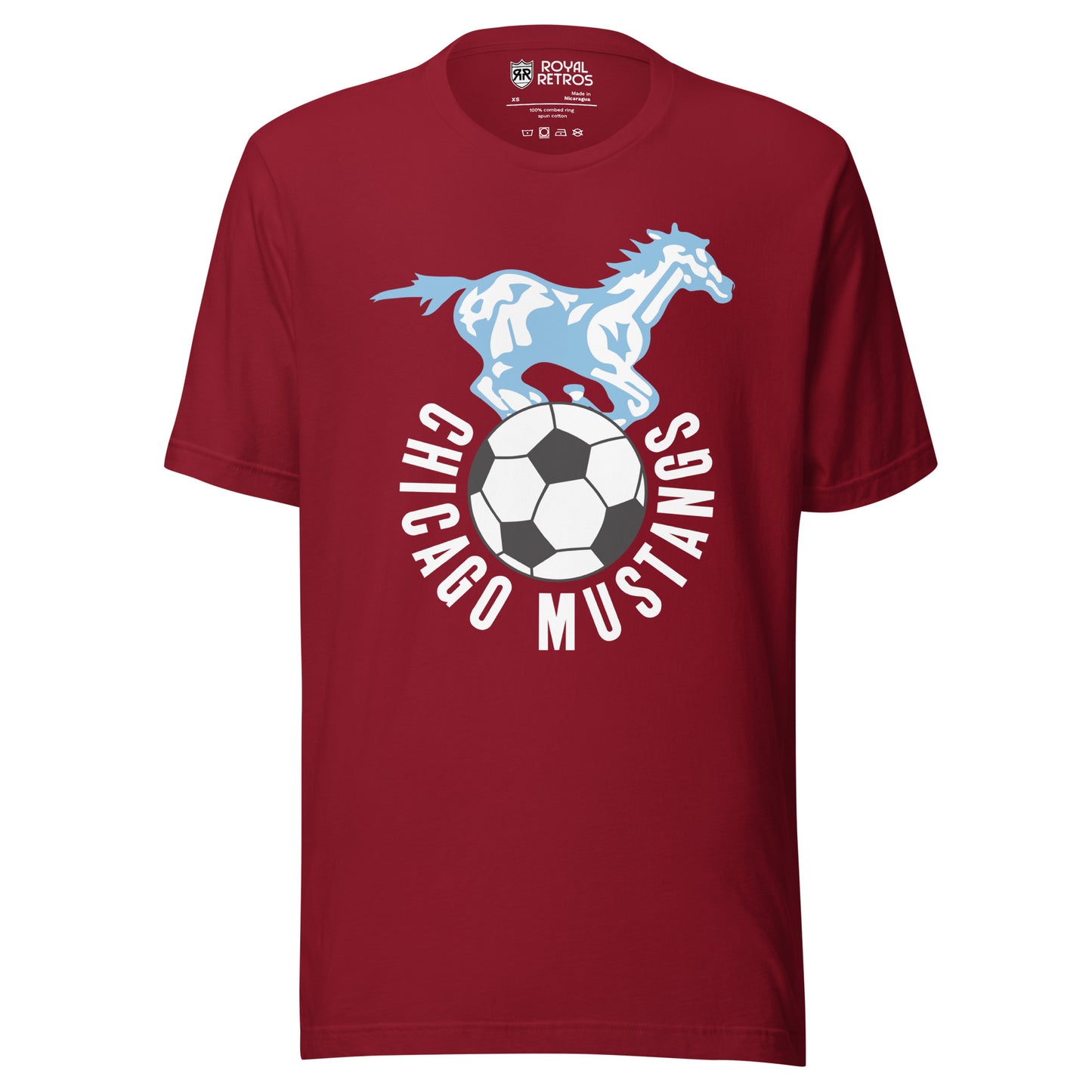 Cardinal red t-shirt with a light blue illustrated galloping mustang above a soccer ball, 'Chicago Mustangs' arched in maroon letters