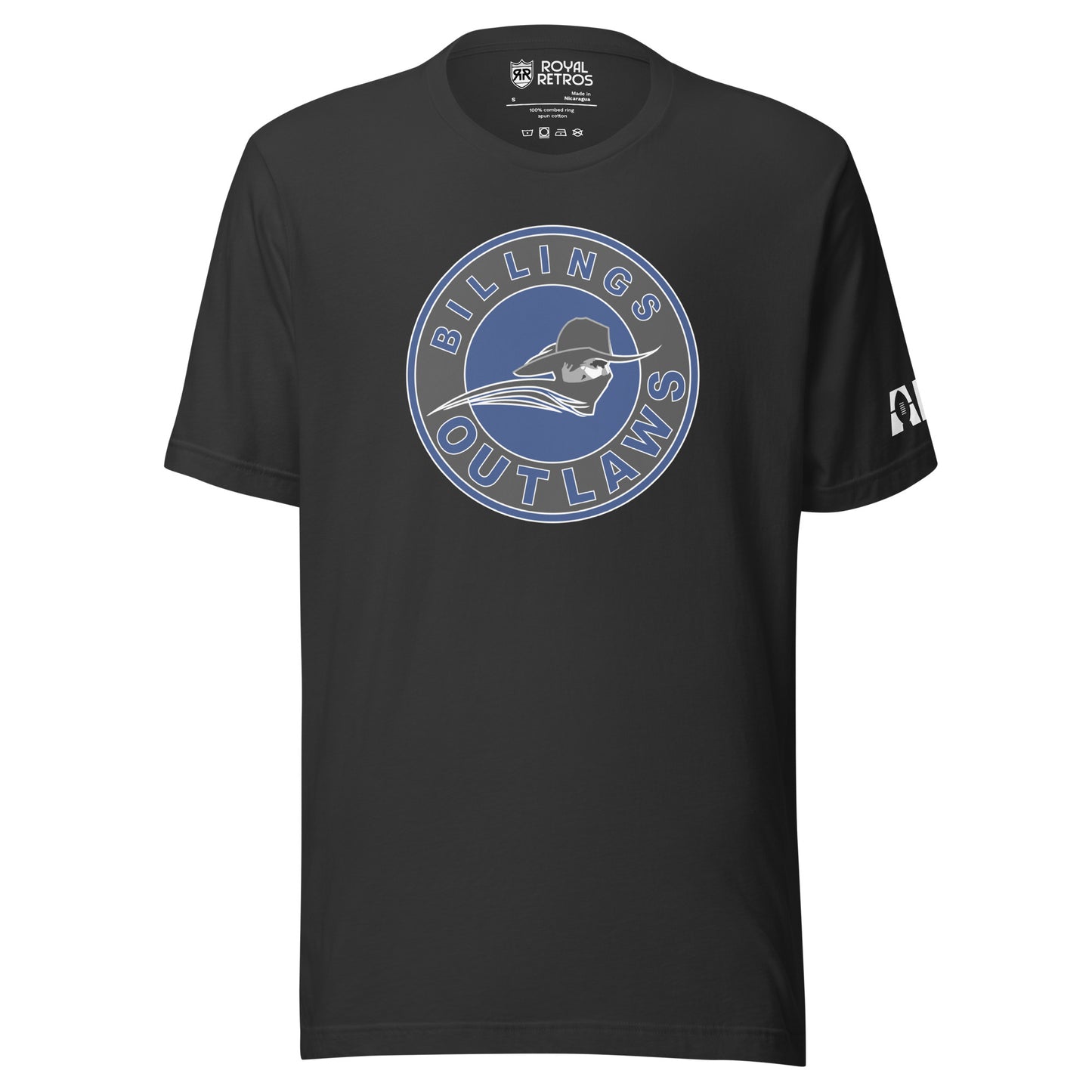 Billings Outlaws T-shirt. Dark Grey. Circle logo Gray outer circle, Billings in Blue above, Outlaws in blue below. Blue inner circle with masked cowboy, neck up, facing right. Royal Retros
