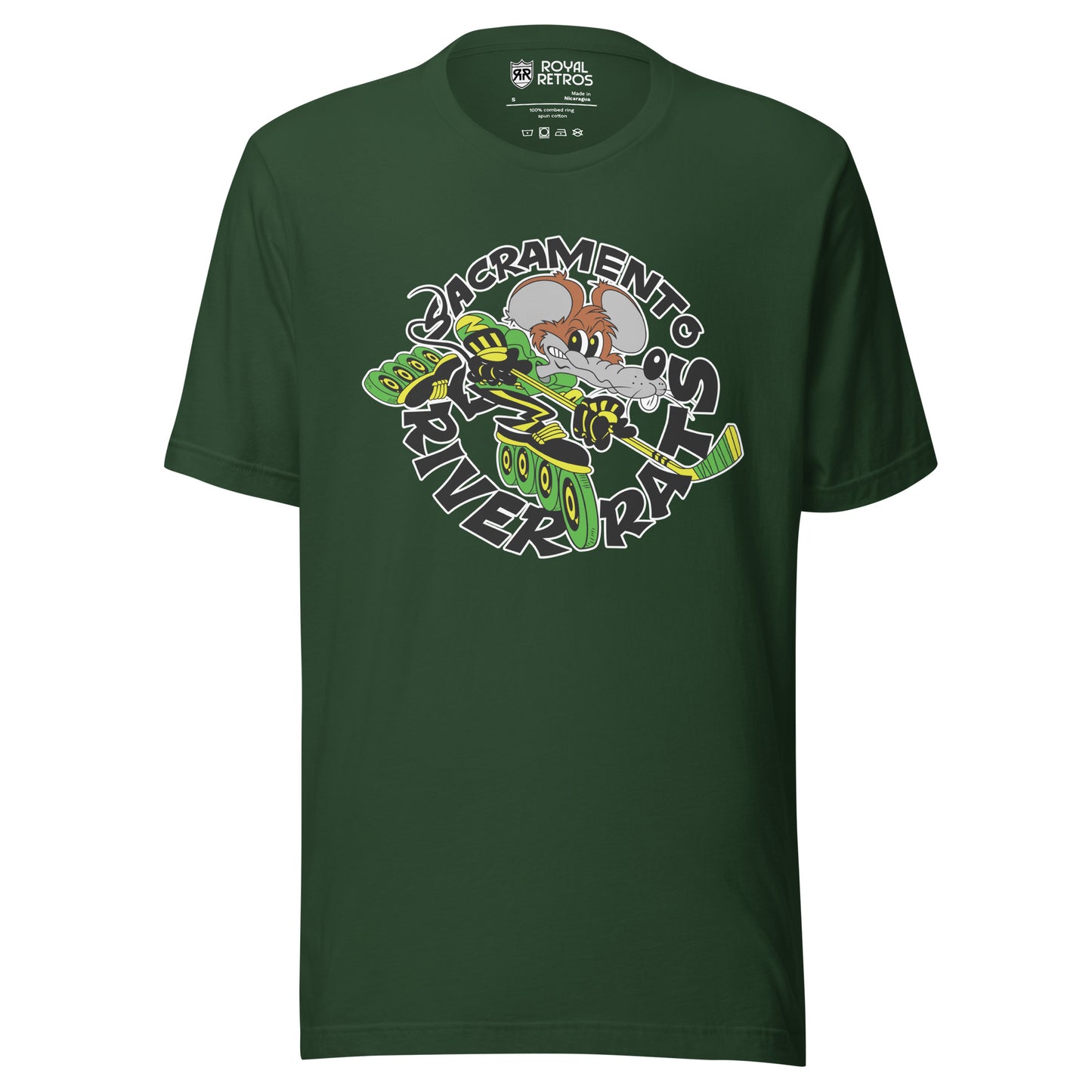 Sacramento River Rates Roller Hockey T-shirt. Forest Green. Sacramento in black arched over rat, incline skating with hockey stick, going to the right. River Rats in black, arched up below. Royal Retros 