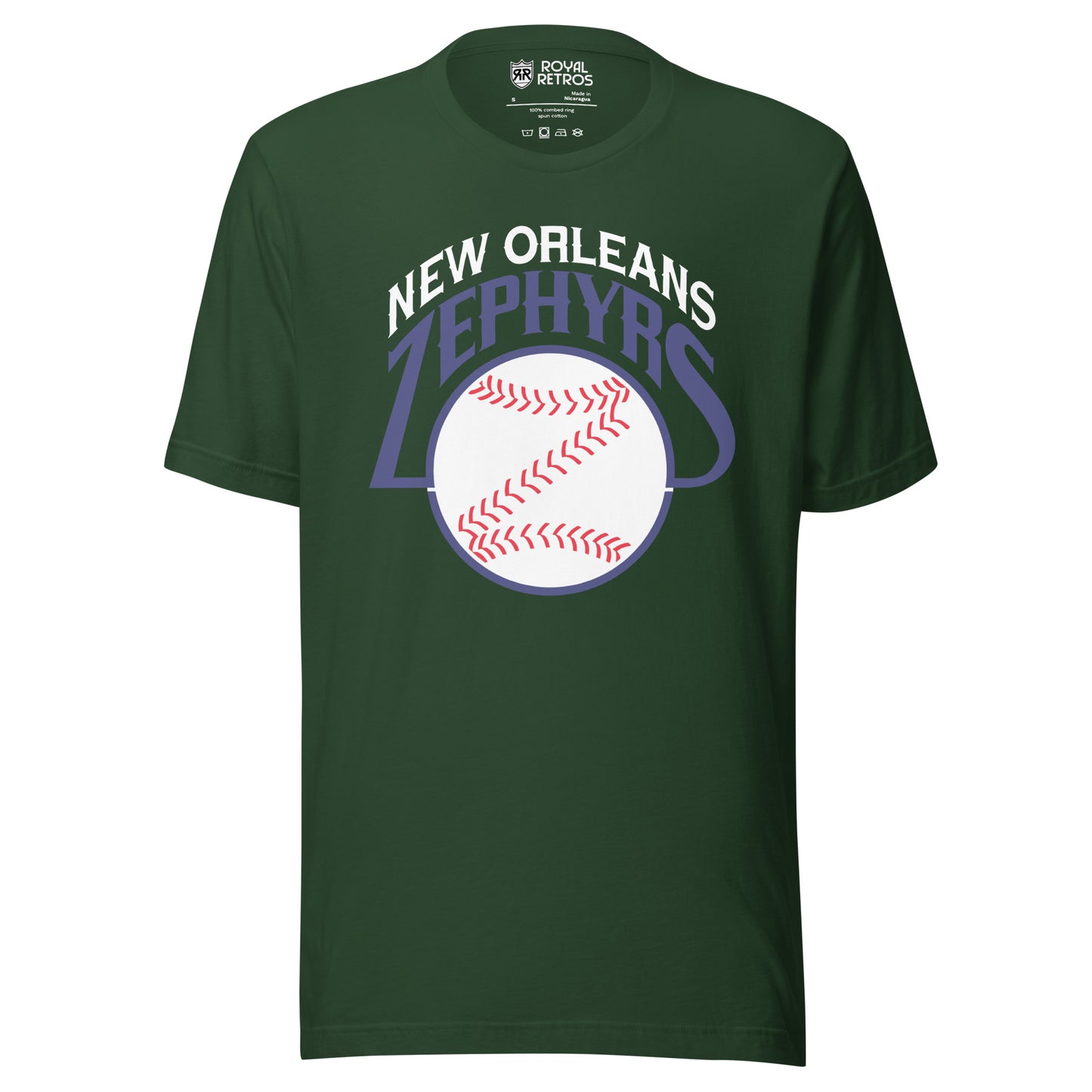 ew Orleans Zephyrs T-shirt. Green. New Orleans arched in white above Zephyrs arched in blue. Baseball below with stitches forming a Z. Royal Retros