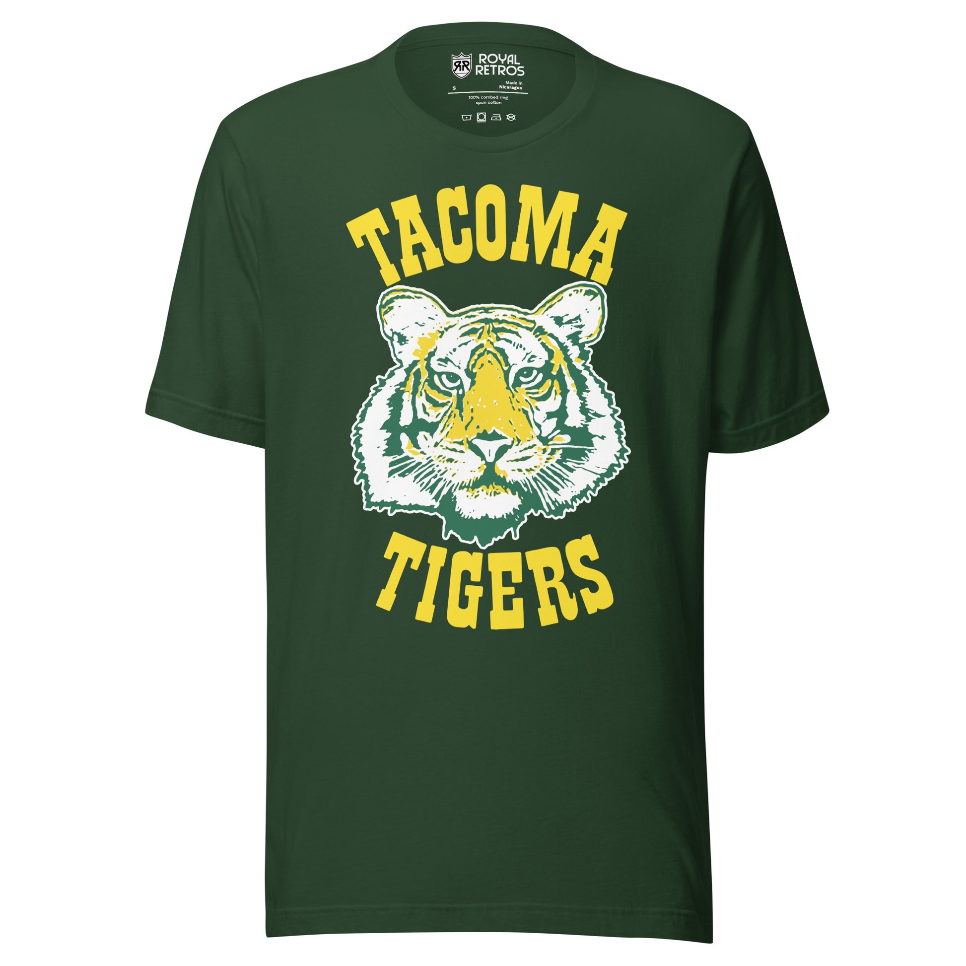 Tacoma Tigers baseball T-shirt. Forest Green. Tacoma arched above in bold Rockwell typeface yellow. Tiger face in middle, yellow, green and white. Tigers arched up below in bold Rockwell typeface yellow. Royal Retros