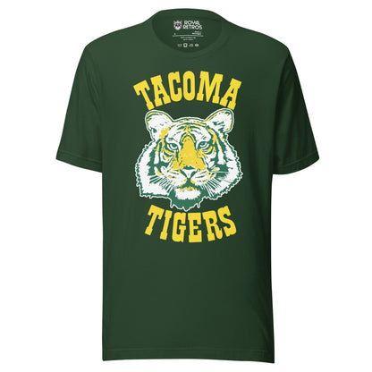 Tacoma Tigers baseball T-shirt. Forest Green. Tacoma arched above in bold Rockwell typeface yellow. Tiger face in middle, yellow, green and white. Tigers arched up below in bold Rockwell typeface yellow. Royal Retros